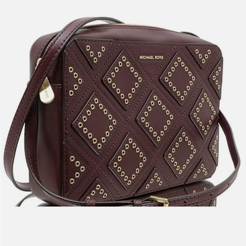 Michael Kors Studded Leather Crossbody Bag Plum Burgundy Gold Tone